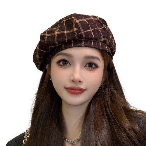 Béret D'hiver Pour Femmes, Imprimé À Carreaux, Couleur Contrastée, Élastique Réglable, Doux Et Chaud, Dôme Décoratif, Casquette De Peintre-Café