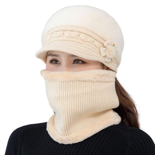 2 Pièces/Ensemble Femmes Hiver Couleur Unie Tricot Chapeau Cou Guêtre Ensemble En Peluche Béret Chapeau Polaire Doublé Écharpe Ensemble Décontracté Chaud Tricoté Accessoires-Beige