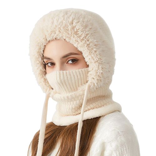 Chapeau D'hiver Pour Femme Avec Écharpe Intégrée, Couverture Avant Résistante Au Froid, Épais Tricoté, Chaud, Couleur Unie, Protection Complète, Cyclisme En Plein Air, Voyage, Casquette Par Temps Froid-Beige