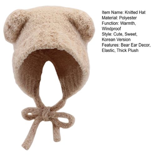 Chapeau Tricoté D'hiver En Forme D'ours De Dessin Animé, En Peluche Épaisse, Sangle À Lacets, Tricoté, Résistant Au Froid, Couvre-Chef Coupe-Vent Pour Filles, Casquette D'activités De Plein Air-Kaki Clair