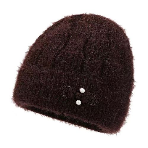 Femmes D'âge Moyen Chapeau D'hiver Fleur Applique Décor Dôme Tricoté Extensible Bonnet Couleur Unie Sans Bride Garder Au Chaud Hiver Grand-Mère Mère Casquette-Café