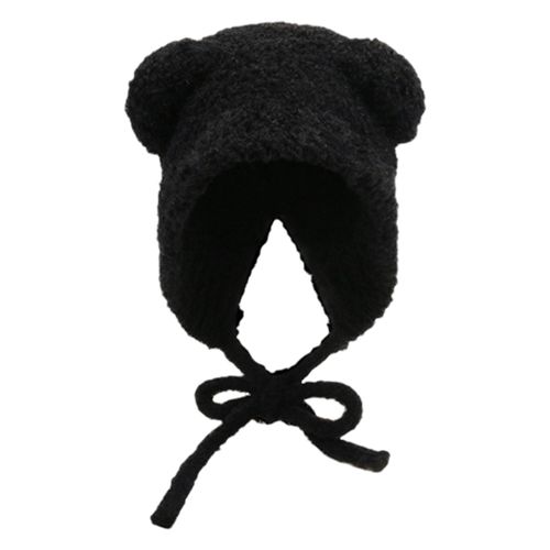 Chapeau Tricoté D'hiver En Forme D'ours De Dessin Animé, En Peluche Épaisse, Sangle À Lacets, Tricoté, Résistant Au Froid, Couvre-Chef Coupe-Vent Pour Filles, Casquette D'activités De Plein Air-Noir1