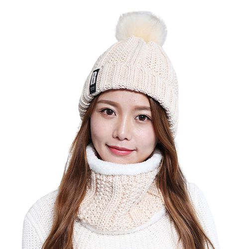 2 Pièces/Ensemble Femmes Hiver Écharpe Ensemble De Chapeau Épais Tricoté Chaud Anti-Dérapant Élastique Coupe-Vent Oreille Protection Pom-Pom Chapeau Hiver En Plein Air Cyclisme Ski Cou Plus Chaud Casquette Ensemble-Beige