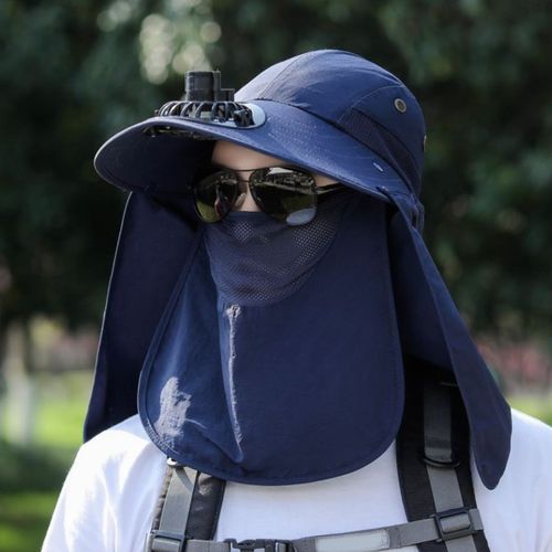 Chapeau De Pêcheur Pour Hommes, Ventilateur De Refroidissement, Capuche Faciale, Protection Complète Contre Le Soleil, Anti-Uv, Respirant, Ventilation À Large Bord, Soulagement De La Chaleur, Camping En Plein Air, Pêche, Jardinage-Bleu Marine