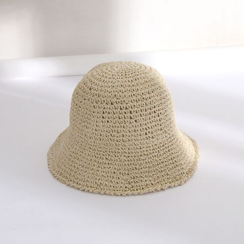 Chapeau De Soleil En Paille Tissé Pour Femmes, Seau De Couleur Unie, Pliable, À Large Bord, Creux, Respirant, Protection Solaire, Chapeau De Plage-Beige