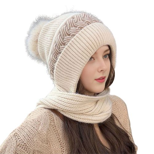 Chapeau D'hiver Pour Femme Avec Écharpe Épaisse Et Chaude En Peluche Coupe-Vent, Couvre-Chef De Cyclisme, Couleur Contrastée, Élastique, Protection Complète, Voyage En Plein Air, Casquette De Ski Par Temps Froid-Beige