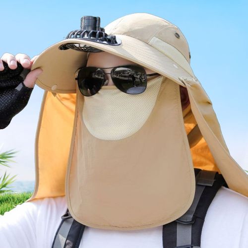 Chapeau De Pêcheur Pour Hommes, Ventilateur De Refroidissement, Capuche Faciale, Protection Complète Contre Le Soleil, Anti-Uv, Respirant, Ventilation À Large Bord, Soulagement De La Chaleur, Camping En Plein Air, Pêche, Jardinage-Kaki
