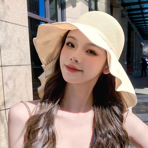 Chapeau De Soleil Pour Femmes, Décor Avec N?Ud Élastique, Ajouré, À Volants, Large Bande, Pare-Soleil Respirant, Protection Du Cou, Casquette D'été, Couvre-Chef Pour Femme-Beige