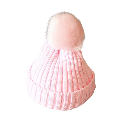 Chapeau D'hiver Pour Enfants, Chapeau Tricoté Unisexe, Extensible, Épais, Couleur Unie, Fausse Fourrure, Décor De Boule, Chaud, Usage Quotidien, Couvre-Chef D'extérieur Pour 4-8 Ans-Rose