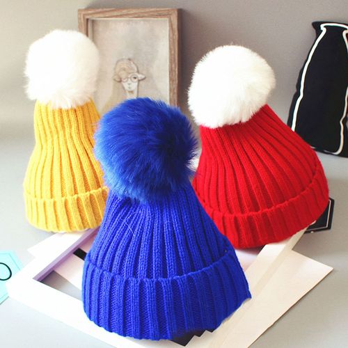 Chapeau D'hiver Pour Enfants, Chapeau Tricoté Unisexe, Extensible, Épais, Couleur Unie, Fausse Fourrure, Décor De Boule, Chaud, Usage Quotidien, Couvre-Chef D'extérieur Pour 4-8 Ans-Jaune