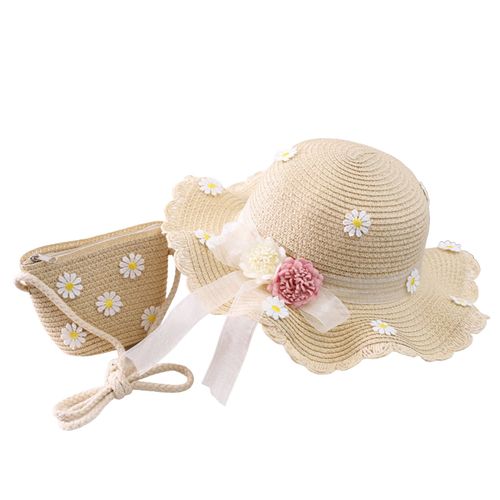 Marguerite ¿ chapeau de soleil en paille pour fille, avec n?ud à large bord, sac à main, ensemble de sacs pour l'extérieur-Couleur crème