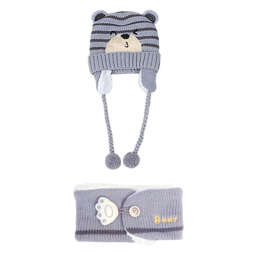 Chapeau En Tricot Unisexe À Rayures Pour Enfants, Chapeau, Écharpe, Couvre-Oreilles, Ensemble Chaud, Hiver, Dessin Animé, Ours-Gris