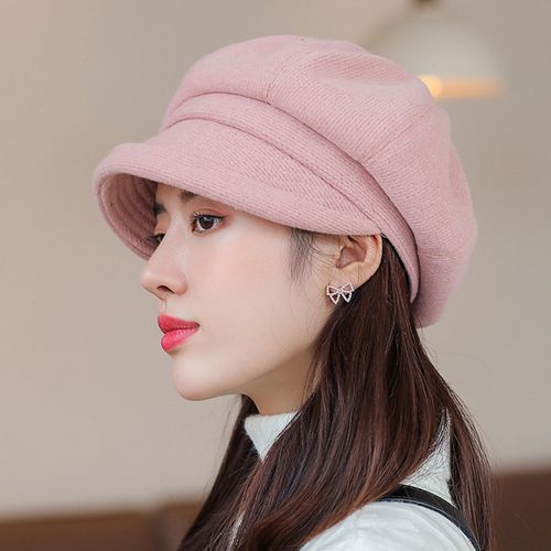Béret Rétro Épais De Couleur Unie Pour Femmes, Bord Bouclé Décontracté, Garde Au Chaud, Élégant, À Bord Court, Casquette Octogonale Pour Un Usage Quotidien-Rose