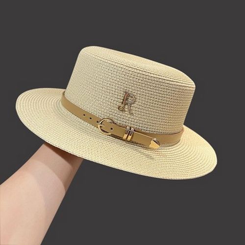 Sumemr ¿ Ceinture Avec Lettres Décoratives Pour Femmes, Strass, Dessus Plat, Bord Rond, Style Rétro Anglais, Couleur Unie, Léger, Casquette De Plage Pour Vacances-Beige