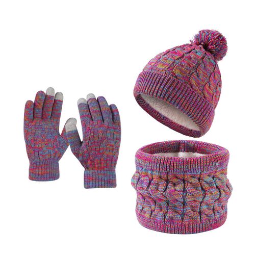 Costume D'hiver Pour Enfants, Filles Et Garçons, Chapeau, Gants, Écharpe, Chapeau Chaud, Écharpe Doublée En Polaire, Gants Pour Écran Tactile Pour Le Ski, Le Snowboard, Le Patinage-Rose Rouge