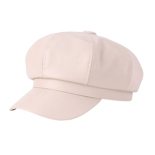 Béret Femme Style Vintage Couleur Unie Faux Cuir Style Britannique Chapeau Octogonal À Bord Court Peintre Chapeau Fêtes Shopping Casquette Gavroche-Blanc