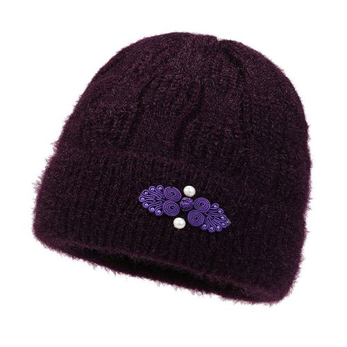 Femmes D'âge Moyen Chapeau D'hiver Fleur Applique Décor Dôme Tricoté Extensible Bonnet Couleur Unie Sans Bride Garder Au Chaud Hiver Grand-Mère Mère Casquette-Violet