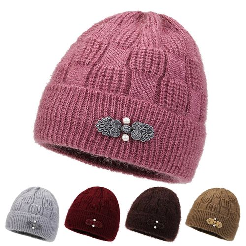 Femmes D'âge Moyen Chapeau D'hiver Fleur Applique Décor Dôme Tricoté Extensible Bonnet Couleur Unie Sans Bride Garder Au Chaud Hiver Grand-Mère Mère Casquette-Rose