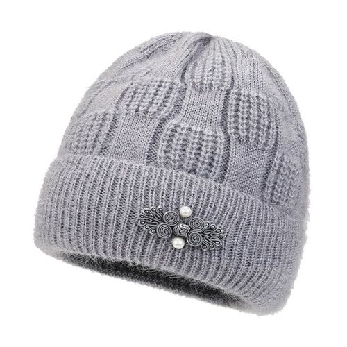Femmes D'âge Moyen Chapeau D'hiver Fleur Applique Décor Dôme Tricoté Extensible Bonnet Couleur Unie Sans Bride Garder Au Chaud Hiver Grand-Mère Mère Casquette-Gris