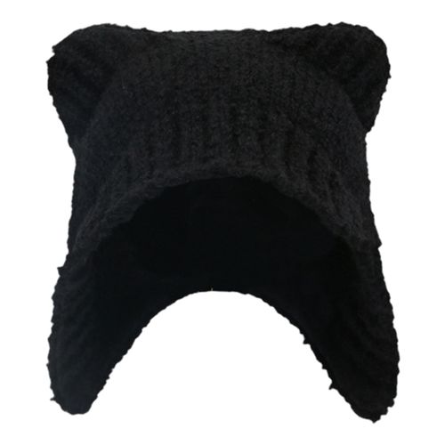 Chapeau Tricoté D'hiver En Forme D'ours De Dessin Animé, En Peluche Épaisse, Sangle À Lacets, Tricoté, Résistant Au Froid, Couvre-Chef Coupe-Vent Pour Filles, Casquette D'activités De Plein Air-Noir