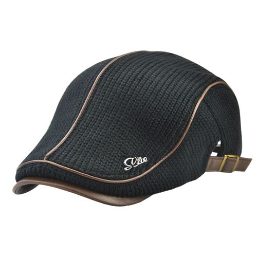 Style Britannique Boucle Réglable Épaissie Doublure Polaire Béret Chapeau Hiver Plat Pointe Hommes D'âge Moyen Tricot Avant Chapeau Accessoires De Costume-Noir