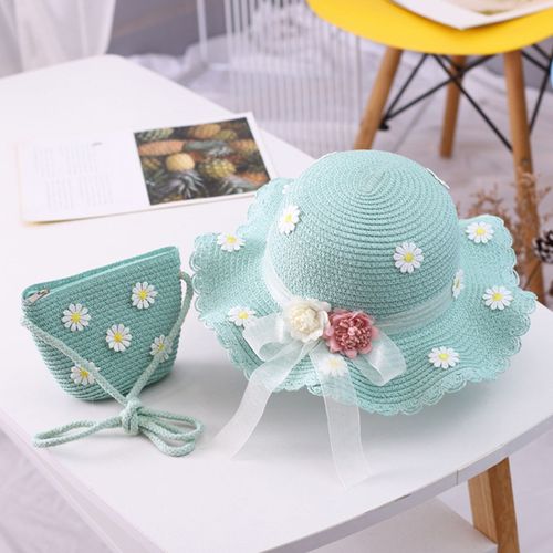 Marguerite ¿ Chapeau De Soleil En Paille Pour Fille, Avec N?ud À Large Bord, Sac À Main, Ensemble De Sacs Pour L'extérieur-Menthe Et Bleu