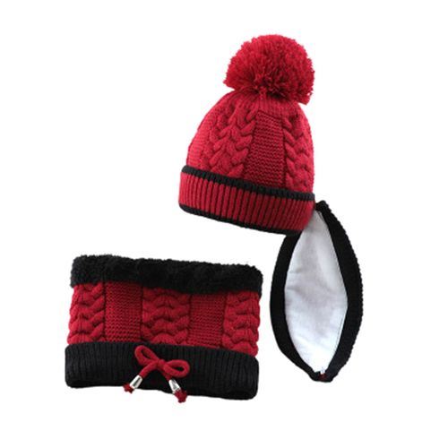 Trois Pièces Unisexe Enfants Automne Hiver Chaud Tricoté Chapeau Visage Couverture Écharpe Bavoir-Vin Rouge