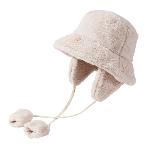 Chapeau D'hiver Pour Femmes, Haut Large Bord, Protection Des Oreilles, Peluche Épaisse, Sangle De Couleur Pure, Décor, Oreillettes Détachables, Coupe-Vent, Doux, Seau D'extérieur-Beige