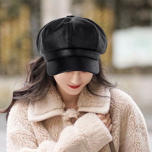 Béret Femme Style Vintage Couleur Unie Faux Cuir Style Britannique Chapeau Octogonal À Bord Court Peintre Chapeau Fêtes Shopping Casquette Gavroche-Noir