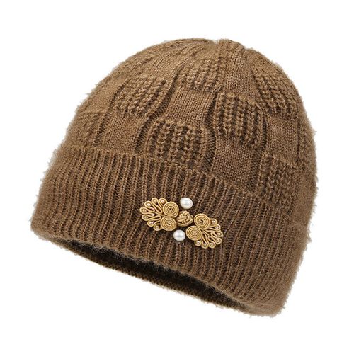 Femmes D'âge Moyen Chapeau D'hiver Fleur Applique Décor Dôme Tricoté Extensible Bonnet Couleur Unie Sans Bride Garder Au Chaud Hiver Grand-Mère Mère Casquette-Kaki