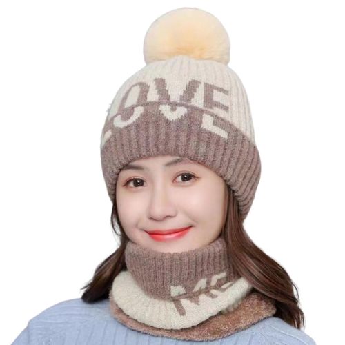 2 Pièces/Ensemble Femmes Chapeau Écharpe Ensemble Tricoté Lettre Impression Couleur Assortie Boule En Peluche Épaissir Résistant Au Froid Coupe-Vent Protection Des Oreilles Cyclisme Femmes Cou Plus Chaud Chapeau Hiver Accessoire-Beige