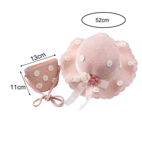 Marguerite ¿ chapeau de soleil en paille pour fille, avec n?ud à large bord, sac à main, ensemble de sacs pour l'extérieur-Rose
