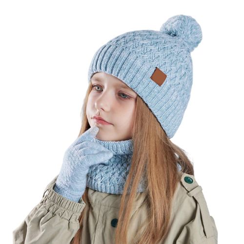 Ensemble Chapeau D'hiver Pour Enfants, Gants, Écharpe, Bonnet Tricoté Avec Pompon, Mitaines Cache-Cou, Accessoires Pour Temps Froid Pour Enfants De 4 À 10 Ans-Vert Clair