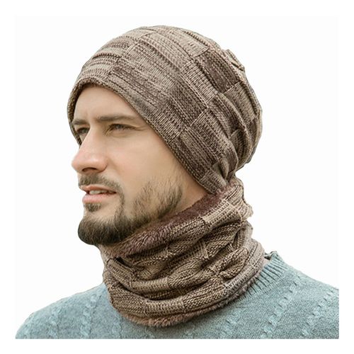 2 Pièces/Ensemble Hommes Hiver Tricoté Doux Doublure En Peluche Bonnet Chapeau Casquette Écharpe Cache-Cou-Bleu Marine