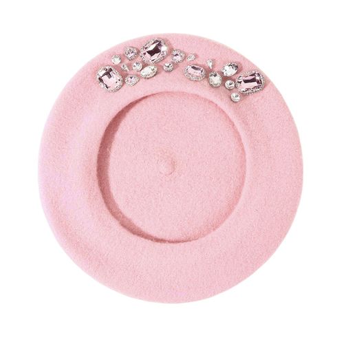 Béret Français Épais Strass Décor Couleur Unie Sans Bords Thermique Décoratif Laine Artiste Style Français Peintre Chapeau Chapeau Pour Femme-Rose
