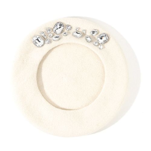 Béret Français Épais Strass Décor Couleur Unie Sans Bords Thermique Décoratif Laine Artiste Style Français Peintre Chapeau Chapeau Pour Femme-Blanc