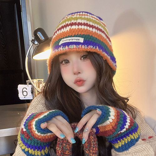 Chapeau D'hiver Pour Femmes, Imprimé Rayé Coloré, Tricoté, Élastique, Épais, Rétention De Chaleur, Couleur Arc-En-Ciel, Antidérapant, Lavable, Bonnet Pour Dames