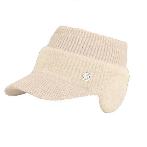 Chapeau D'hiver Pour Femmes, Haut Vide, Protection Des Oreilles, Bord Court, Épais, Peluche Tricotée, Casquette À Visière, Décor De Lettres En Strass, Couvre-Chef Élastique Quotidien-Beige