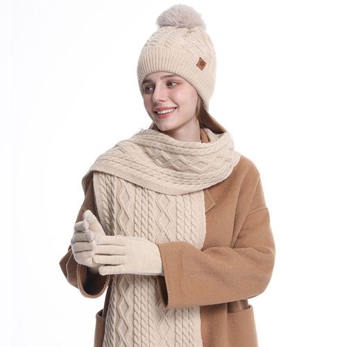 3 Pièces/Ensemble Hiver Chapeau Écharpe Gants Ensemble Femmes En Peluche Boule Décor Bonnet Chapeau Tricoté Longue Écharpe Écran Tactile Gants Ensemble Torsion Texture Peluche Doublure Ensemble Chaud-Beige