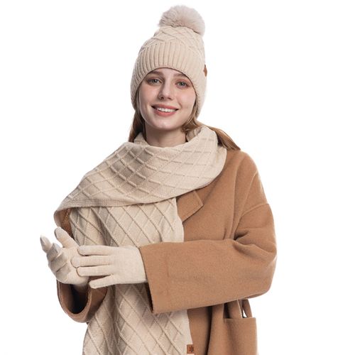 3 Pièces/Ensemble Hiver Chapeau Écharpe Gants Ensemble Femmes En Peluche Boule Décor Bonnet Chapeau Tricoté Longue Écharpe Écran Tactile Gants Ensemble Losange Texture Peluche Doublure Ensemble Chaud-Beige
