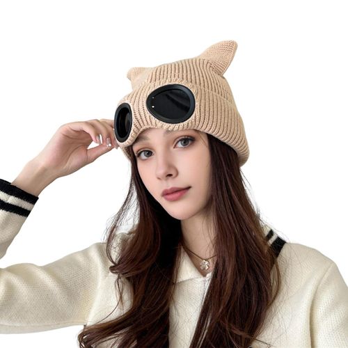 Chapeau D'hiver Pour Femmes, Tête De Chat, Couleur Unie, Lunettes Décoratives, Casquette Démon, Coupe-Vent, Élastique, Antidérapant, Couvre-Chef Chaud-Beige