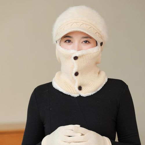 Chapeau D'hiver Pour Femme Avec Écharpe Intégrée, Épais, Chaud, Coupe-Vent, Protection Faciale, Fermeture À Bouton, Extensible, Protection Complète, Voyage En Plein Air, Casquette De Ski Par Temps Froid-Beige