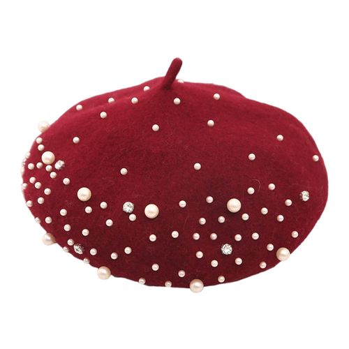 Béret En Fausse Perle Et Strass Pour Femmes, Chapeau En Laine, Style Anglais Vintage, Sans Bord, Couleur Unie, Bretelles Réglables, Casquette Citrouille-Vin Rouge