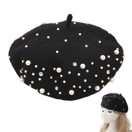 Béret En Fausse Perle Et Strass Pour Femmes, Chapeau En Laine, Style Anglais Vintage, Sans Bord, Couleur Unie, Bretelles Réglables, Casquette Citrouille-Noir