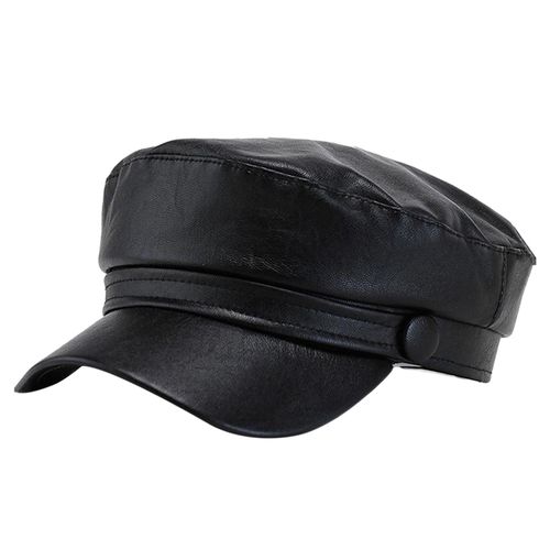 Béret À Bord Étendu Pour Femmes, Chapeau À Dôme Plat, Chapeau De Journal En Faux Cuir, Couleur Unie, Chapeau De Loisirs, Streetwear-Noir