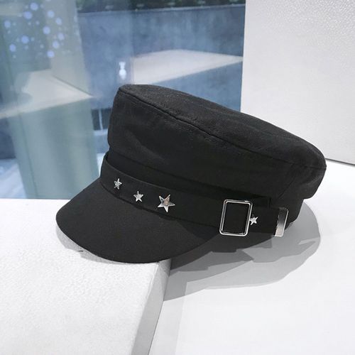 Béret À Bord Étendu Pour Femmes, Chapeau À Dôme Plat, Décor D'étoile, Chapeau De Journal Réglable, Chapeau De Peintre De Couleur Unie Pour L'extérieur, Streetwear-Noir