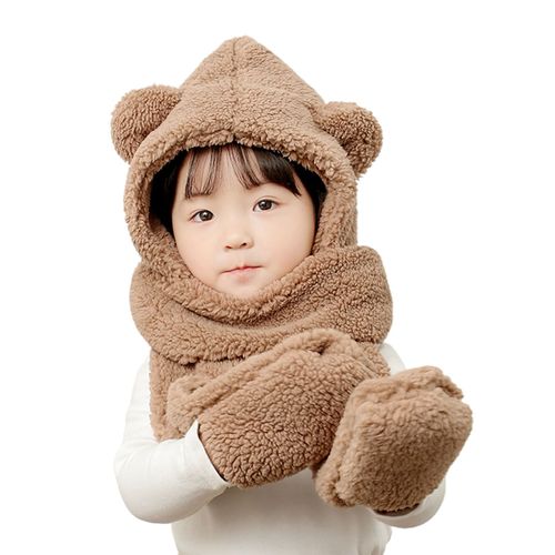 Gants Écharpe À Capuche 3 En 1, Belle Apparence, Chaud, Oreilles D'ours De Dessin Animé, En Peluche, Gants De Chapeau Pour Filles, Pour L'automne Et L'hiver-Brun
