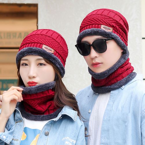 Chapeau Tricoté Pour Hommes, Protection Du Visage, Extra Chaud, Peluche Extra Épaisse, Ensemble Bonnet Et Écharpe De Protection Des Oreilles Pour L'extérieur, 2 Pièces/Ensemble-Vin Rouge