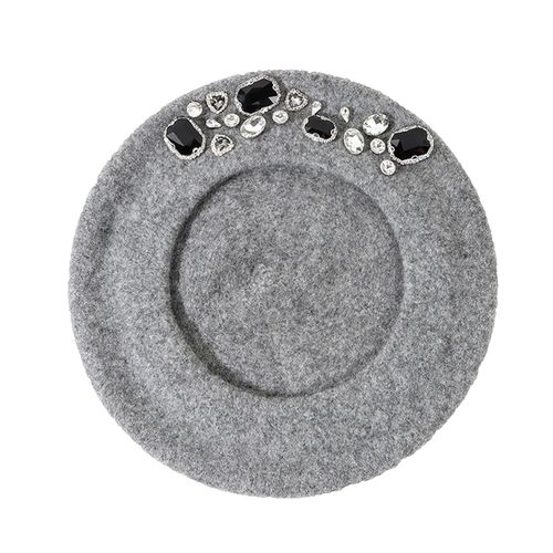 Béret Français Épais Strass Décor Couleur Unie Sans Bords Thermique Décoratif Laine Artiste Style Français Peintre Chapeau Chapeau Pour Femme-Gris