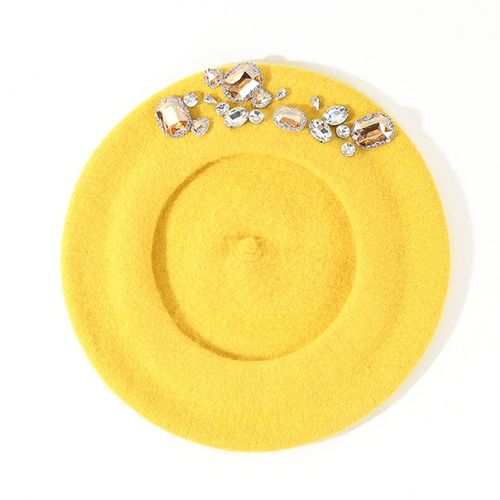 Béret Français Épais Strass Décor Couleur Unie Sans Bords Thermique Décoratif Laine Artiste Style Français Peintre Chapeau Chapeau Pour Femme-Jaune